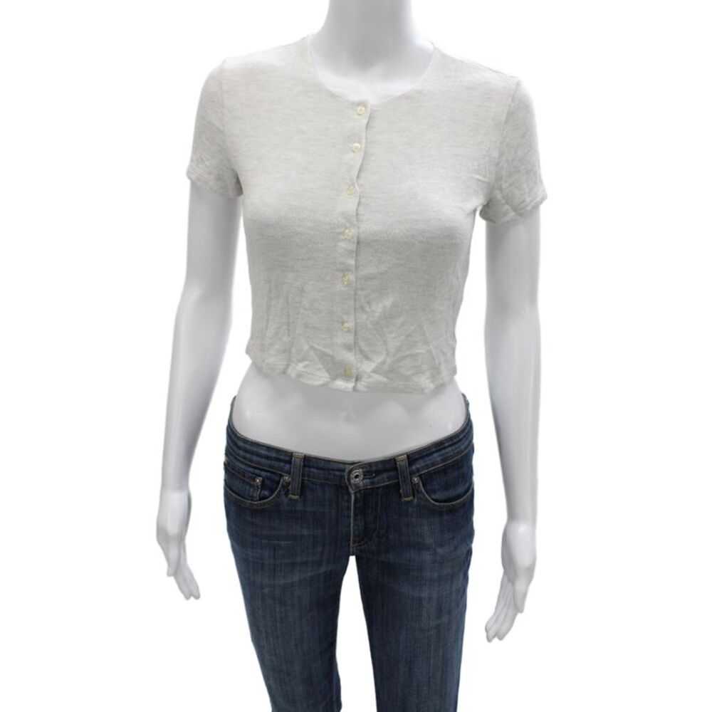 Leset Womens Basic Gray Button Up Short Sleeve Round Neck Viscose Top Size XS